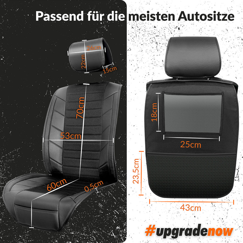 Autositzauflage Vordersitze Leder Optik Schwarz | Auto-Sitzbezüge Vorne mit Rücksitz Organizer | Auto Sitzbezug Universal