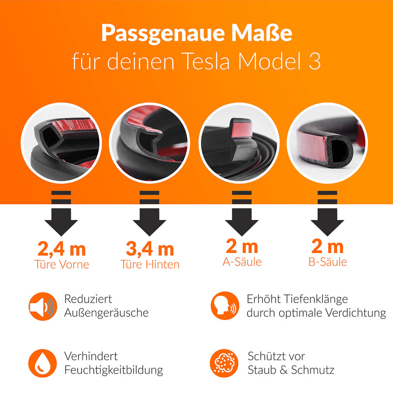 Tür Gummi Klebe-Dichtungen SET für Tesla Model 3, Geräuschreduzierung,  Schutz vor Schmutz, mehr Komfort